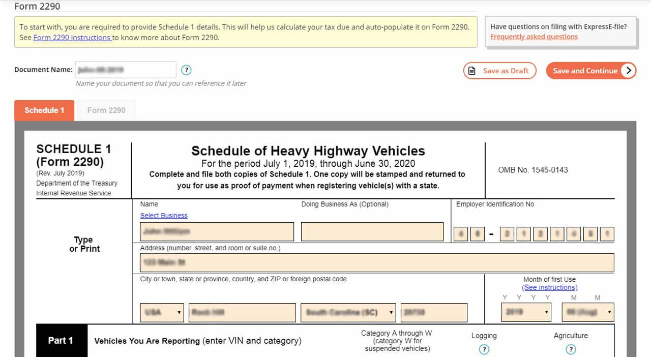 Select “Form 2290” & Enter Business Details