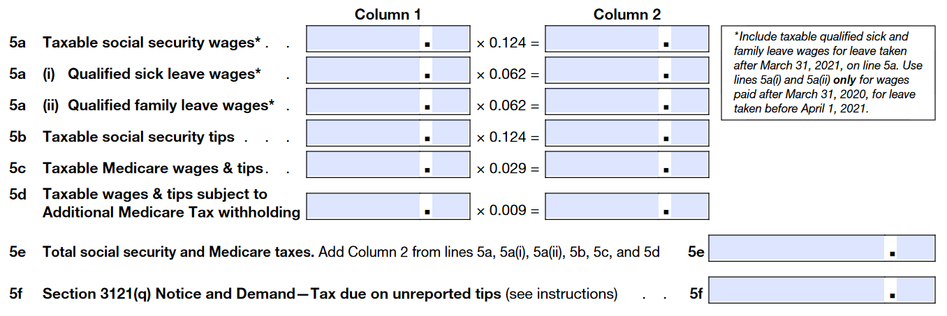Form 941 - Line 5a to 5f